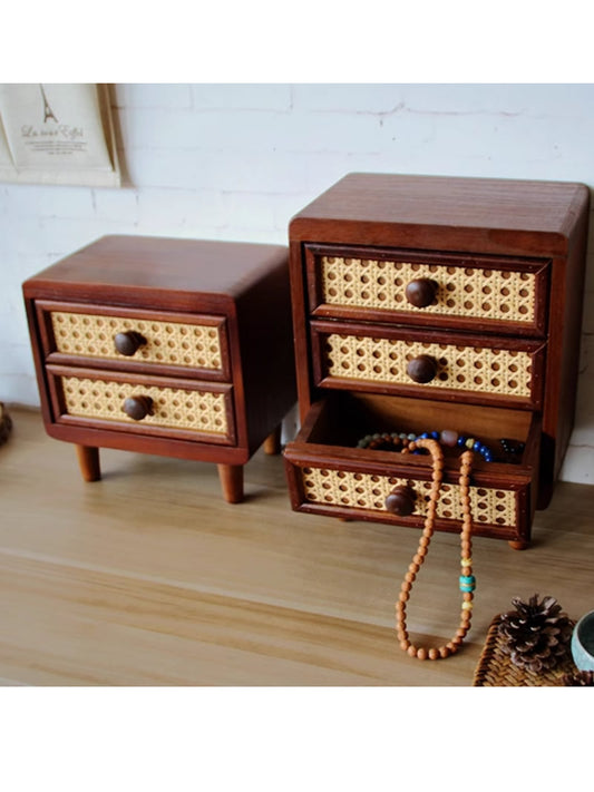 Retro Rattan Wooden Storage Box With Drawer, For Desktop Organize