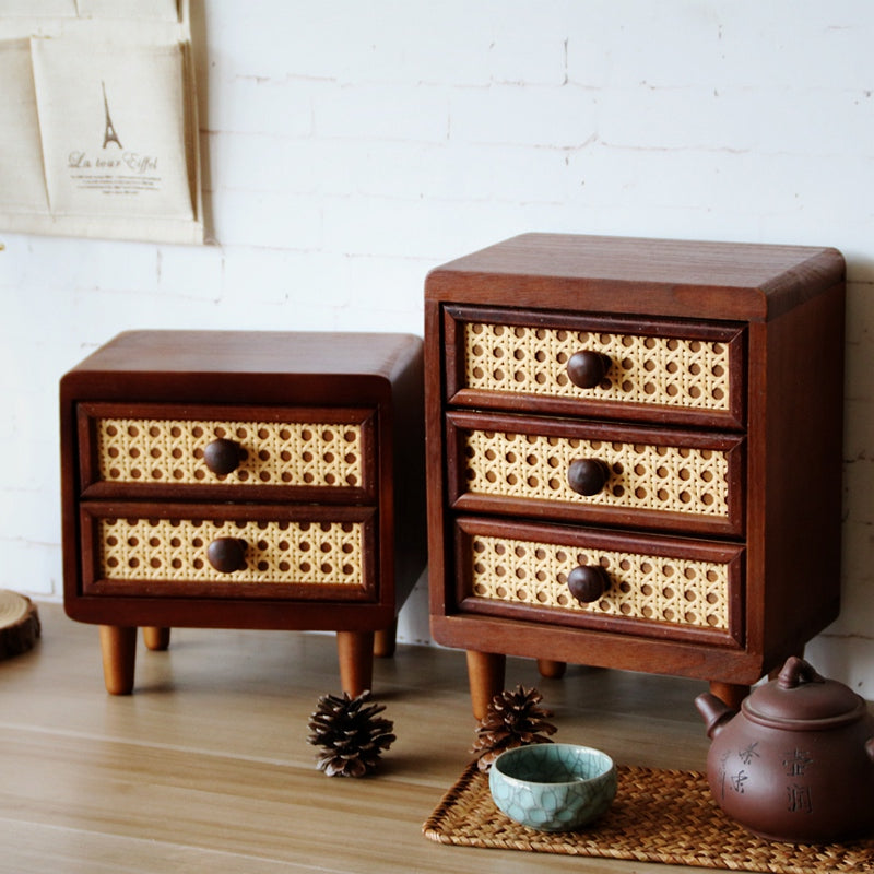 Retro Rattan Wooden Storage Box With Drawer, For Desktop Organize