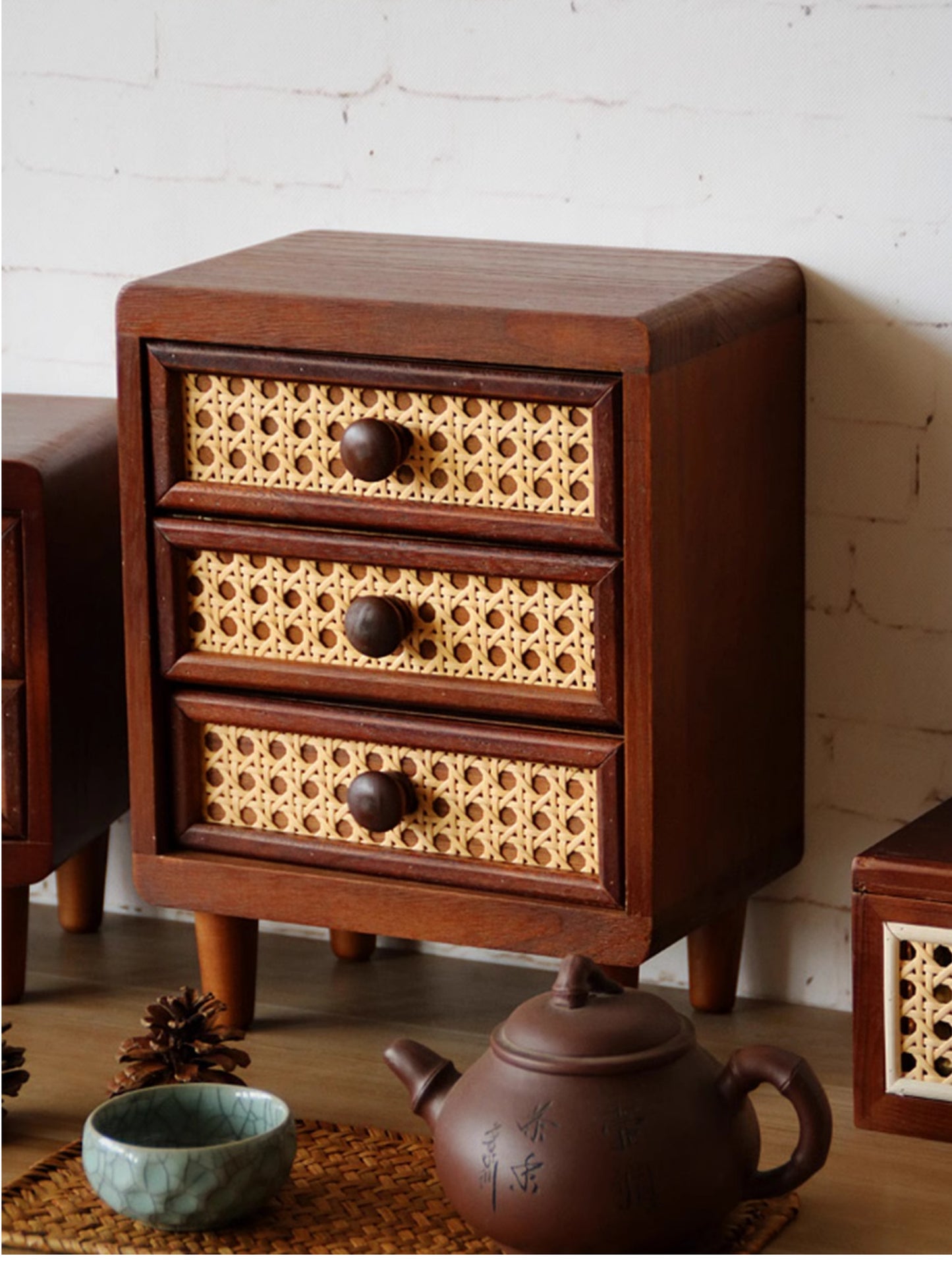 Retro Rattan Wooden Storage Box With Drawer, For Desktop Organize