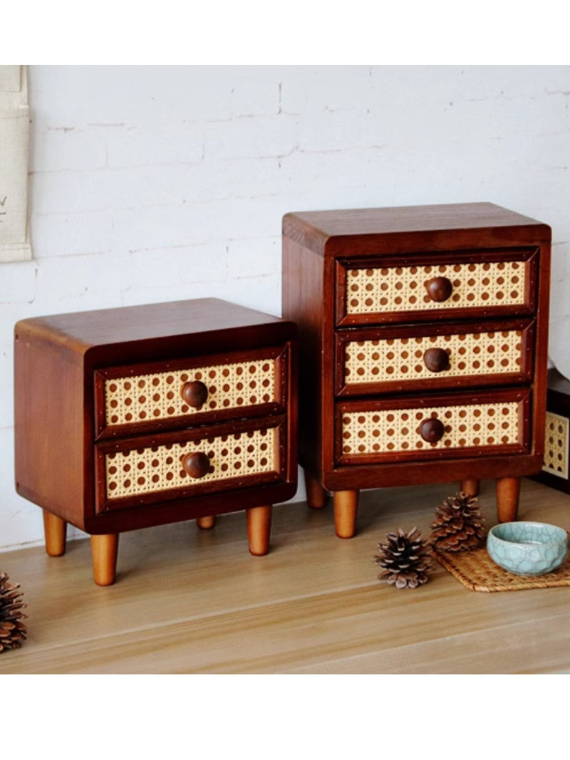 Retro Rattan Wooden Storage Box With Drawer, For Desktop Organize