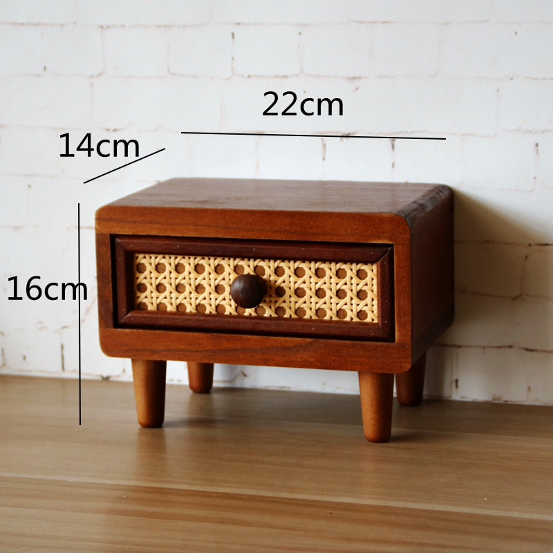 Retro Rattan Wooden Storage Box With Drawer, For Desktop Organize