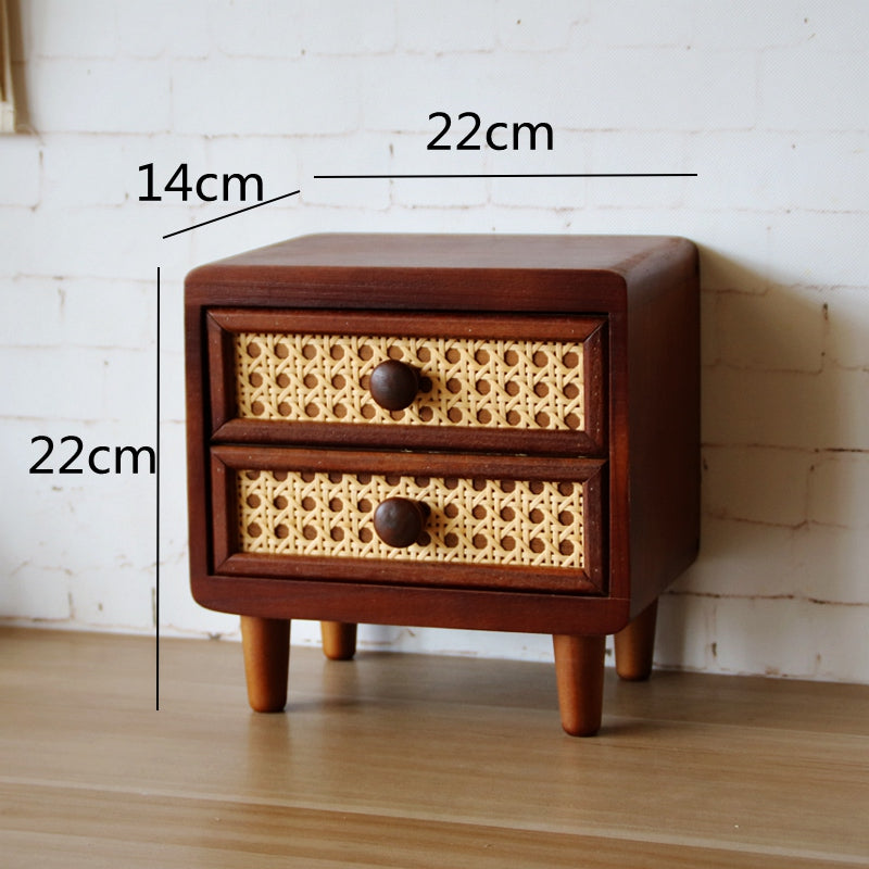 Retro Rattan Wooden Storage Box With Drawer, For Desktop Organize