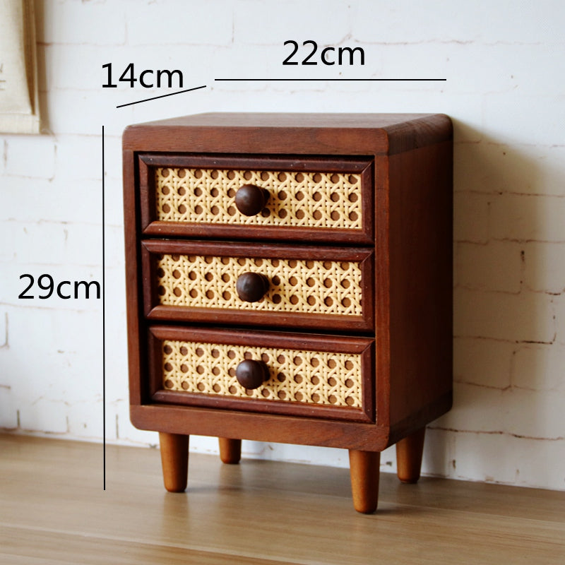 Retro Rattan Wooden Storage Box With Drawer, For Desktop Organize