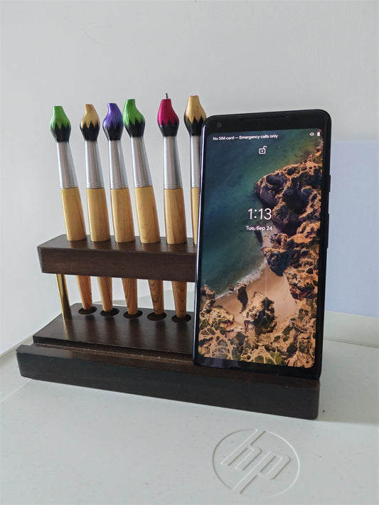 Retro Wooden Office Pen Holder With Mobile Phone Stand, Desktop Organization