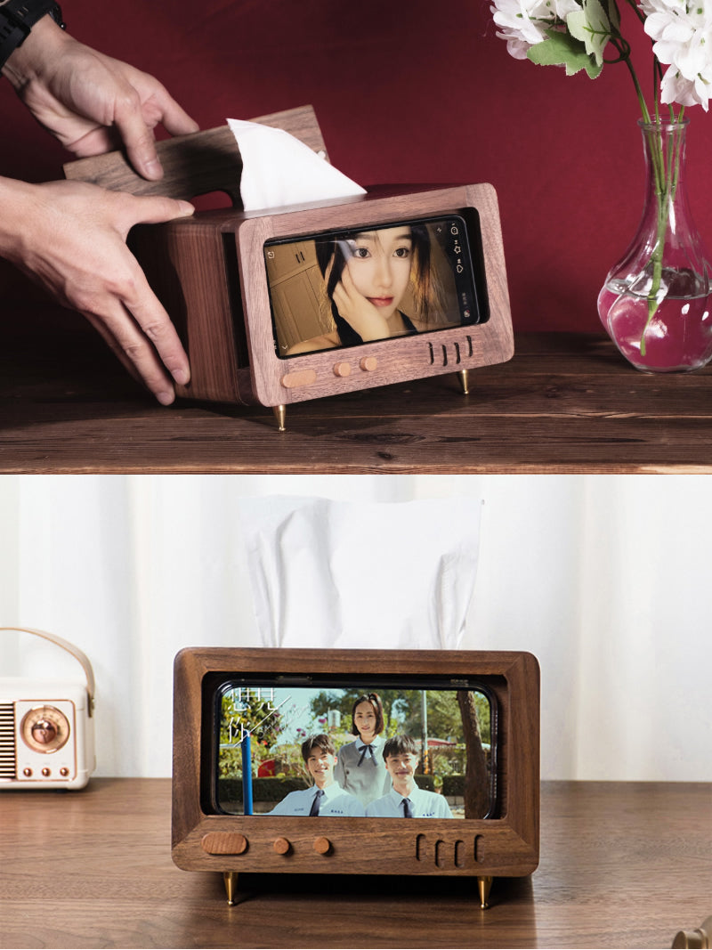 Retro Wooden Tv Tissue Box With Cell Phone Holder, Black Walnut Design