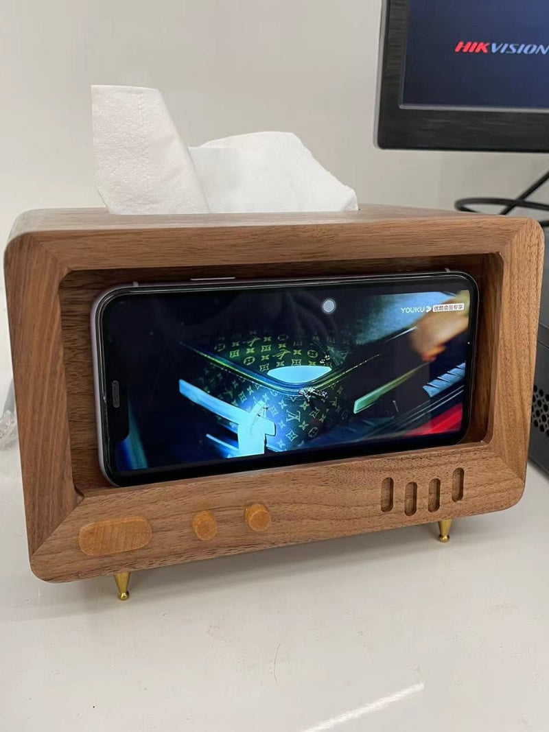 Retro Wooden Tv Tissue Box With Cell Phone Holder, Black Walnut Design