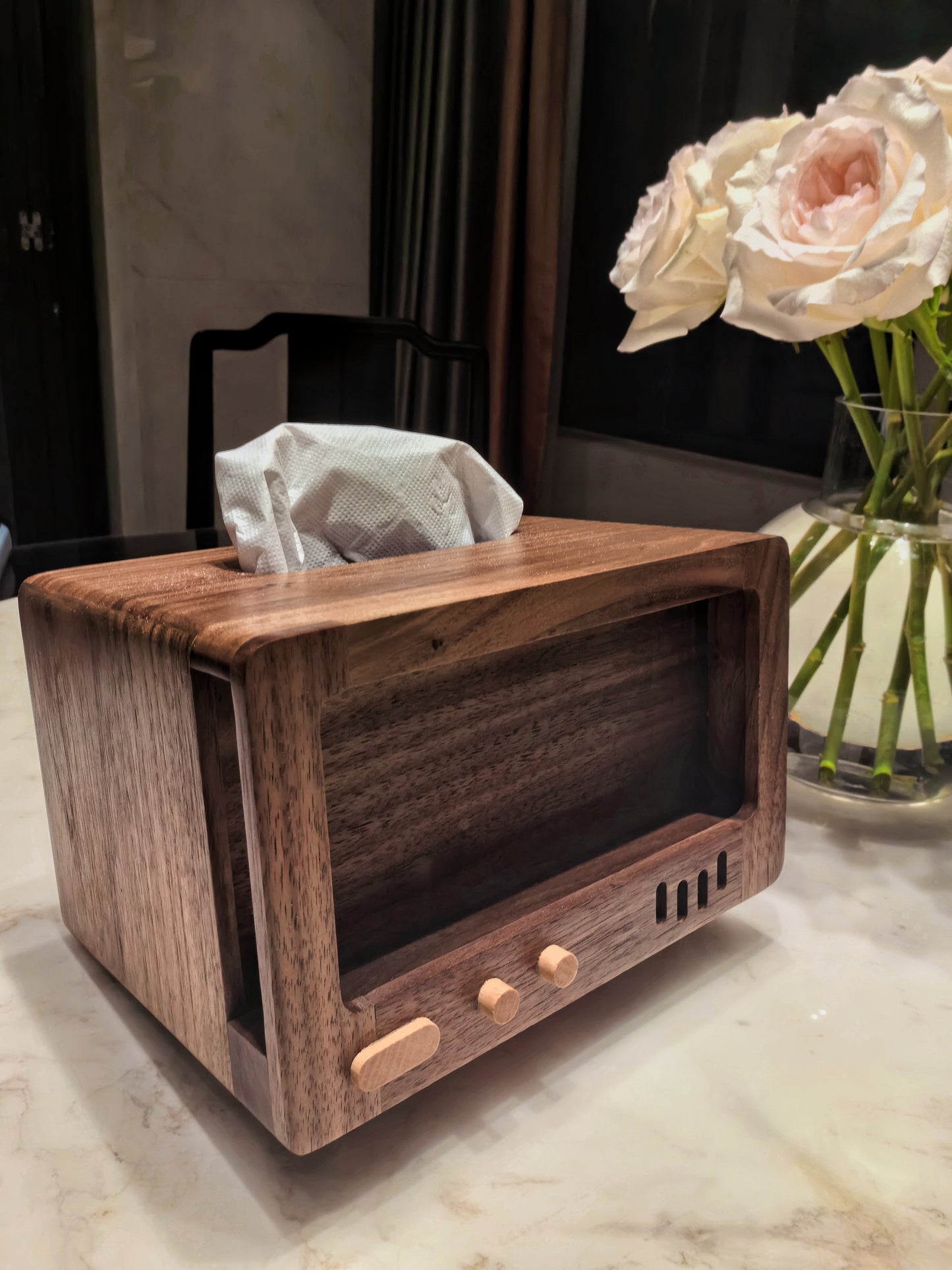 Retro Wooden Tv Tissue Box With Cell Phone Holder, Black Walnut Design