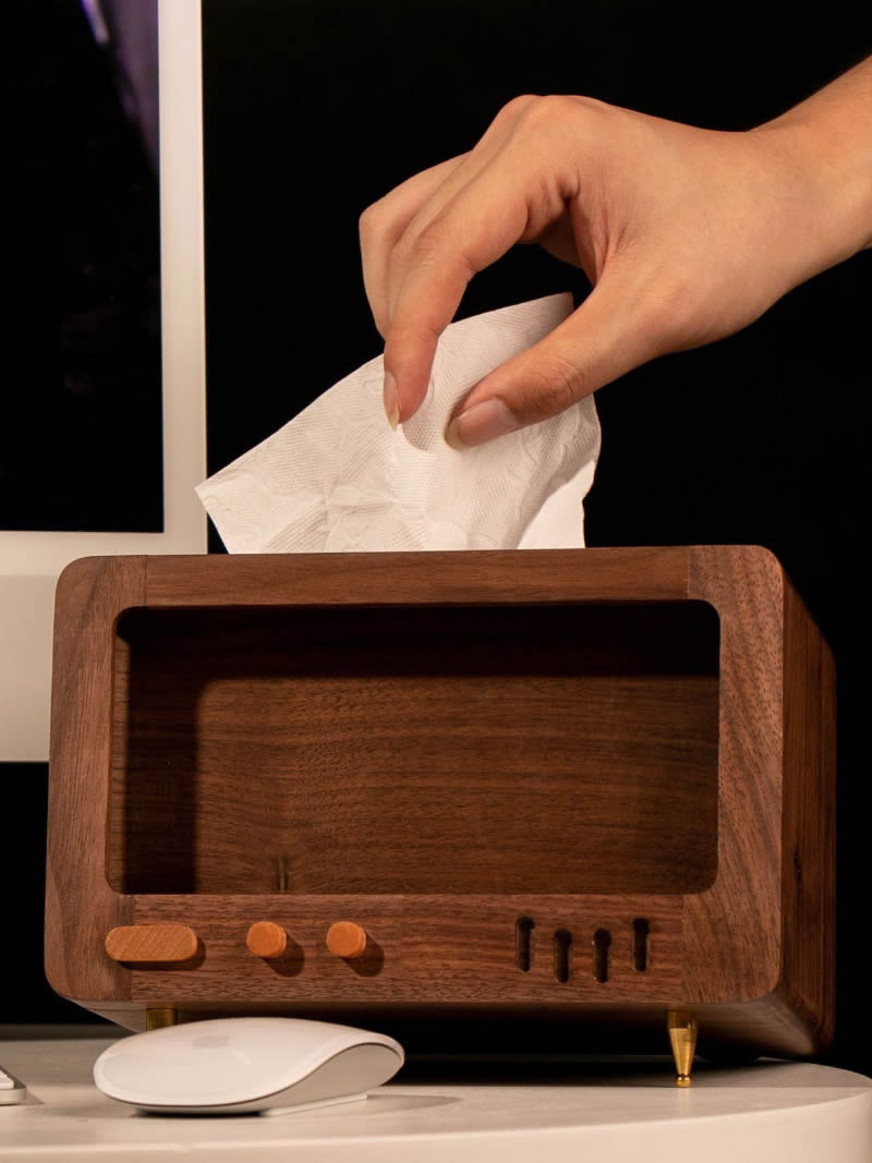 Retro Wooden Tv Tissue Box With Cell Phone Holder, Black Walnut Design