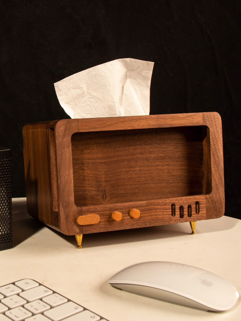 Retro Wooden Tv Tissue Box With Cell Phone Holder, Black Walnut Design