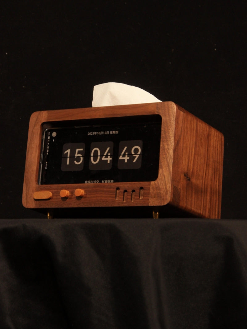 Retro Wooden Tv Tissue Box With Cell Phone Holder, Black Walnut Design