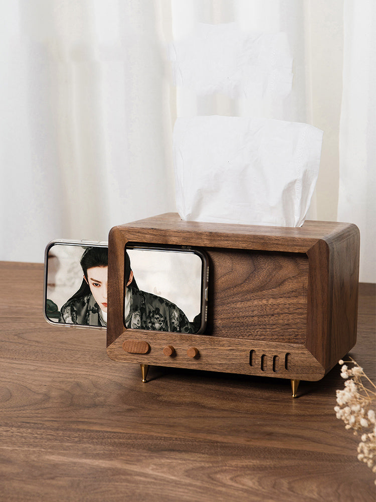 Retro Wooden Tv Tissue Box With Cell Phone Holder, Black Walnut Design