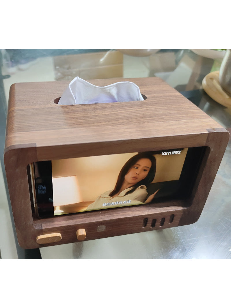 Retro Wooden Tv Tissue Box With Cell Phone Holder, Black Walnut Design