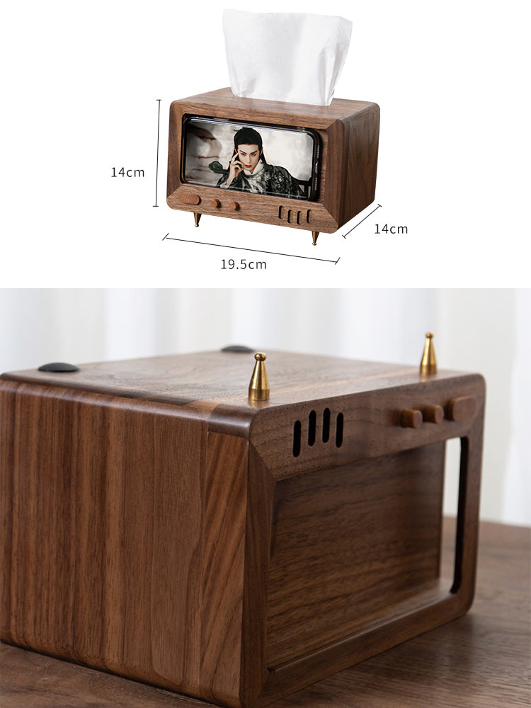 Retro Wooden Tv Tissue Box With Cell Phone Holder, Black Walnut Design