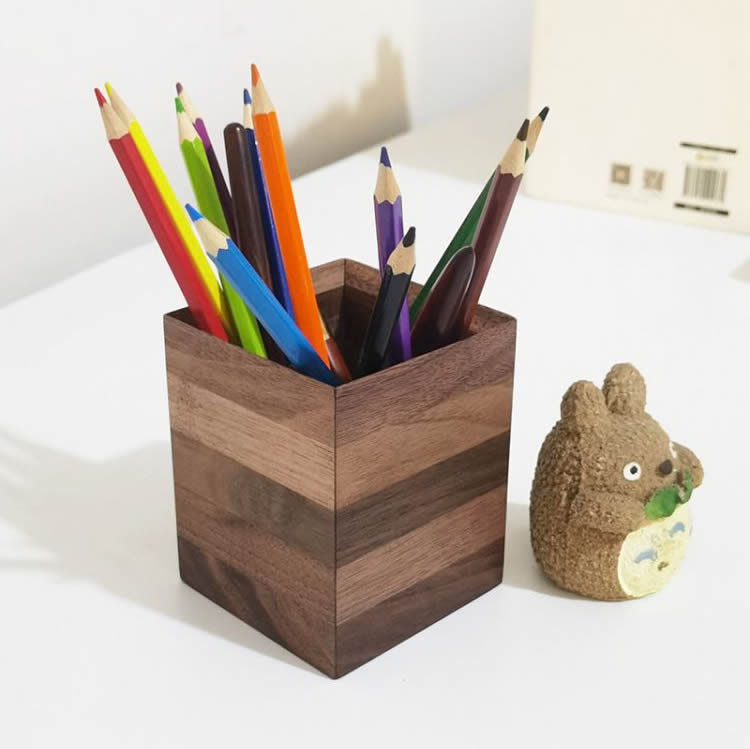 Simple Square Wooden Pen Holder, Black Walnut Desktop Organize Storage