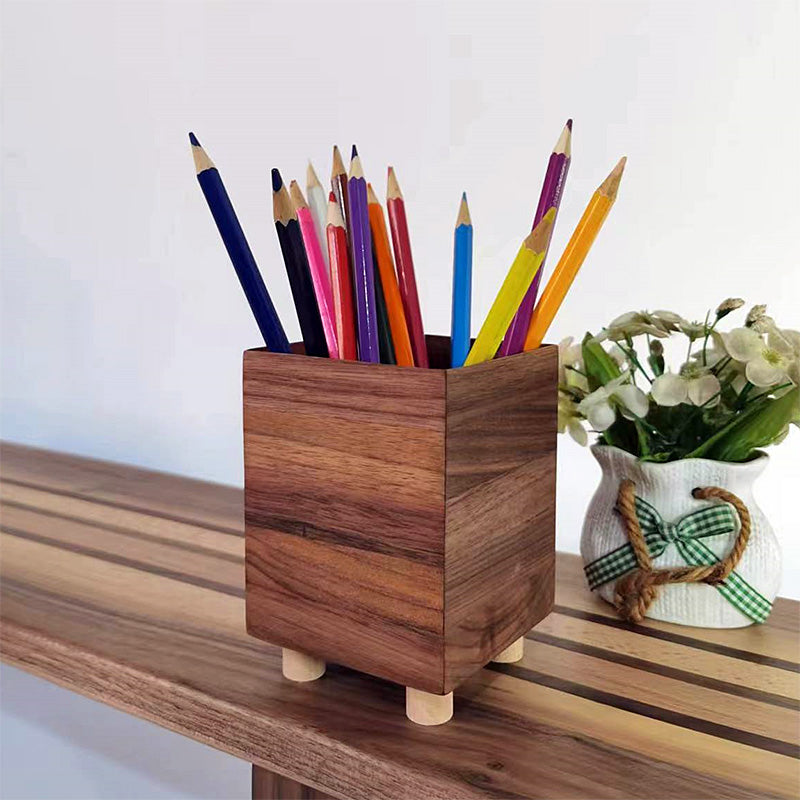 Simple Square Wooden Pen Holder, Black Walnut Desktop Organize Storage