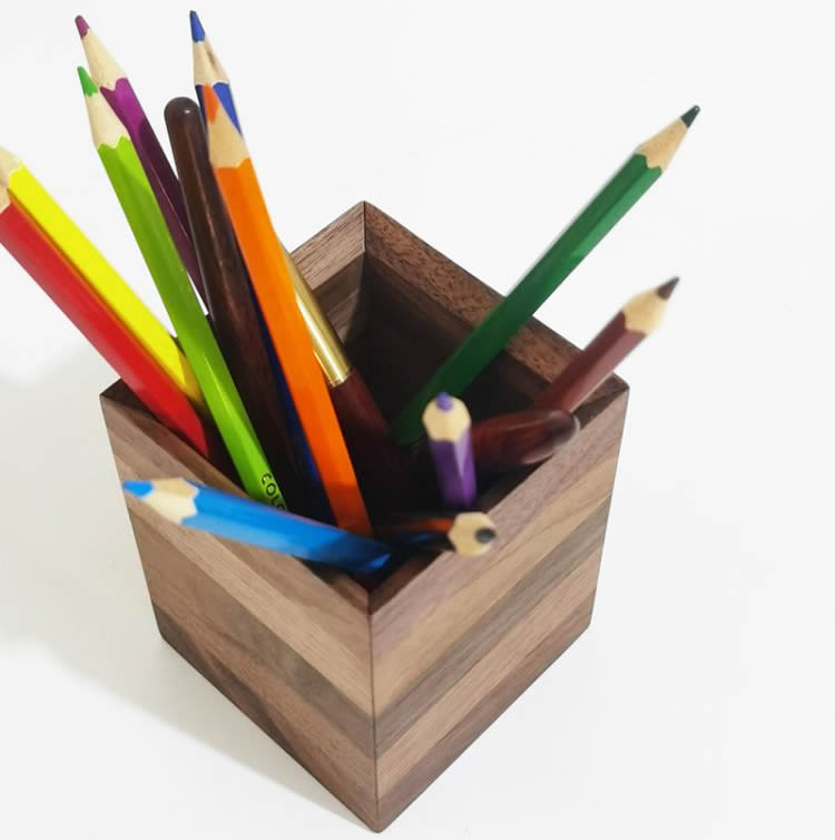 Simple Square Wooden Pen Holder, Black Walnut Desktop Organize Storage