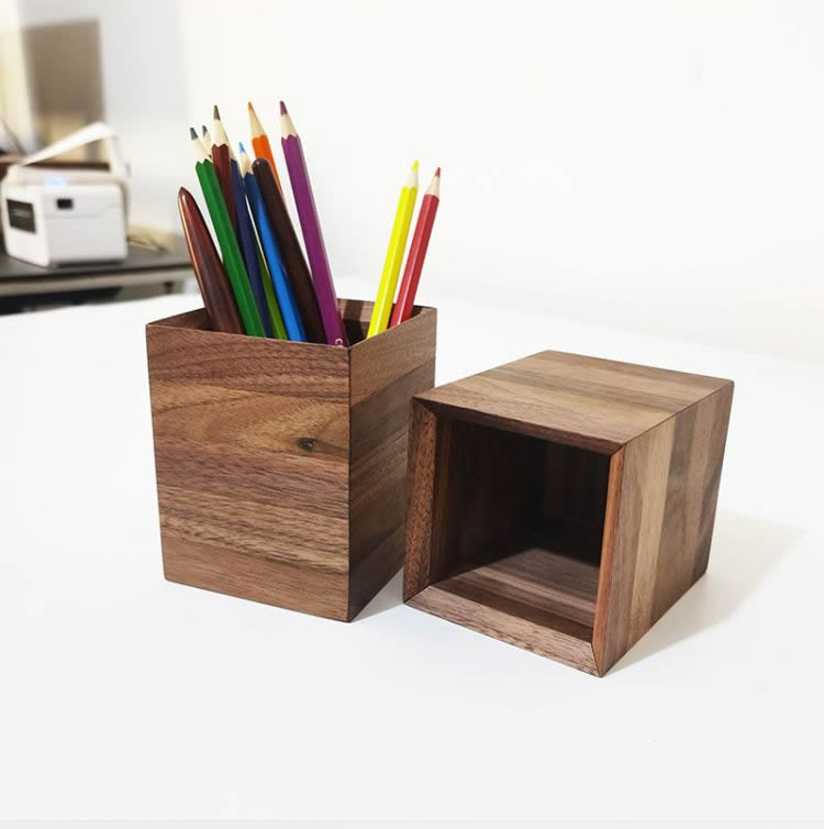 Simple Square Wooden Pen Holder, Black Walnut Desktop Organize Storage