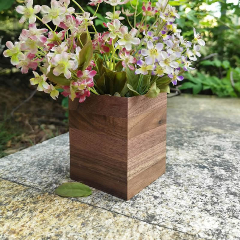 Simple Square Wooden Pen Holder, Black Walnut Desktop Organize Storage