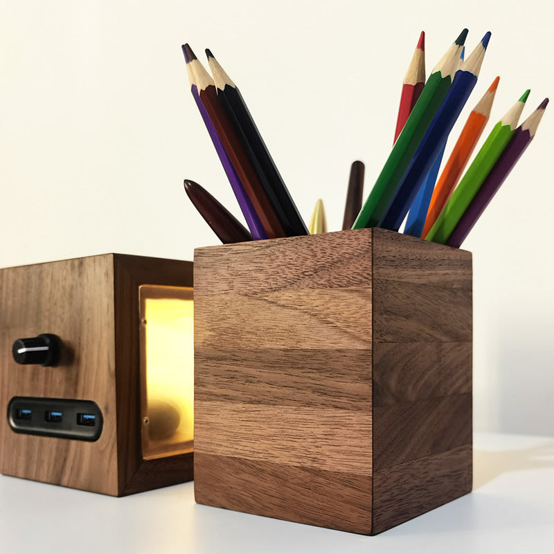 Simple Square Wooden Pen Holder, Black Walnut Desktop Organize Storage