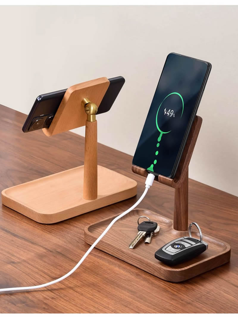 Solid Wood Adjustable Angle Mobile Phone Holder With Storage Tray,iPad Stand