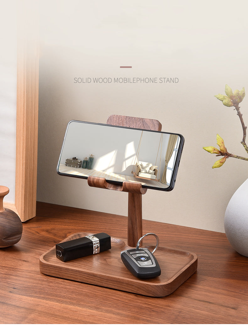 Solid Wood Adjustable Angle Mobile Phone Holder With Storage Tray,iPad Stand