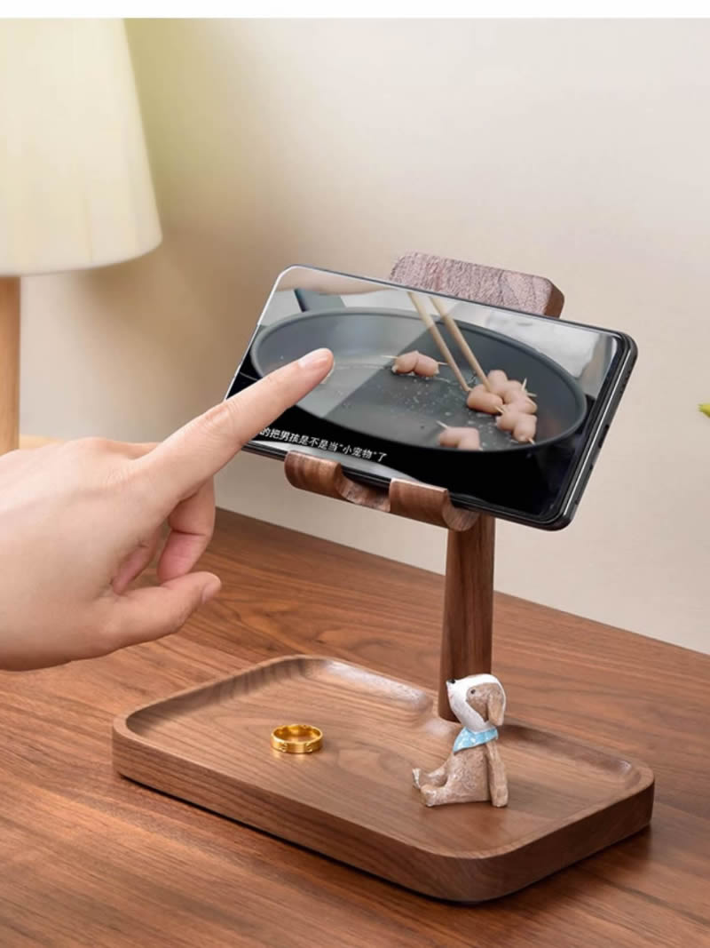 Solid Wood Adjustable Angle Mobile Phone Holder With Storage Tray,iPad Stand