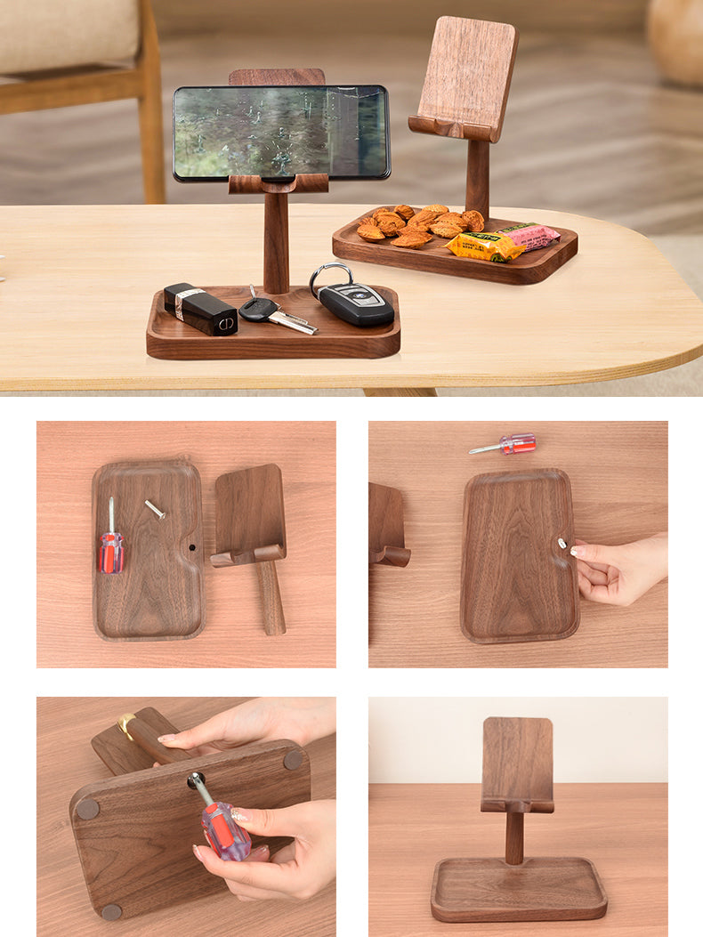 Solid Wood Adjustable Angle Mobile Phone Holder With Storage Tray,iPad Stand