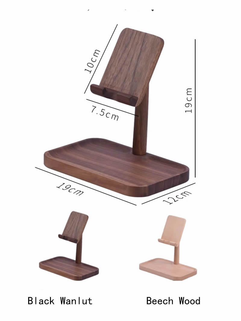 Solid Wood Adjustable Angle Mobile Phone Holder With Storage Tray,iPad Stand