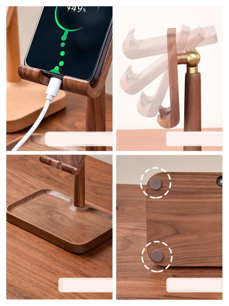 Solid Wood Adjustable Angle Mobile Phone Holder With Storage Tray,iPad Stand