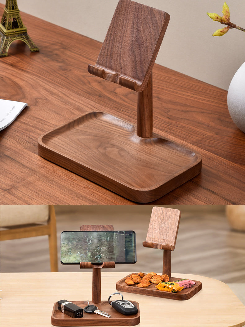 Solid Wood Adjustable Angle Mobile Phone Holder With Storage Tray,iPad Stand