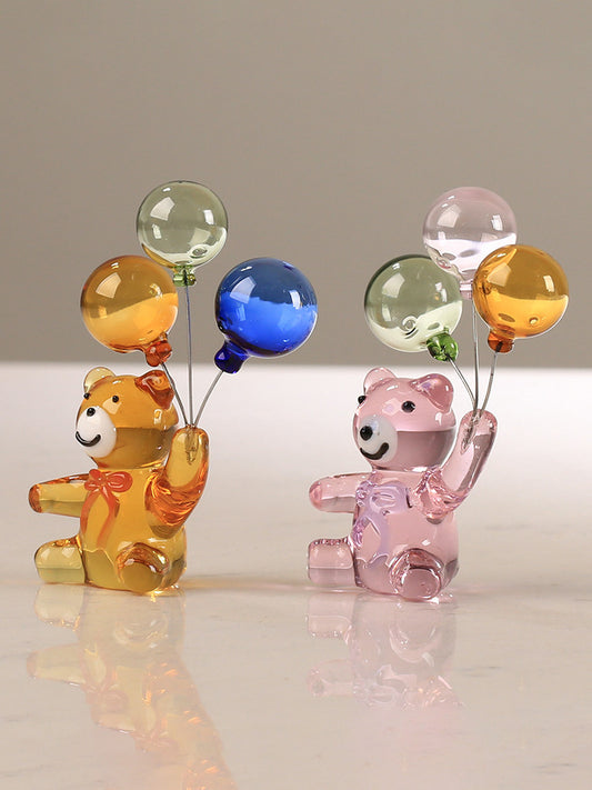 Playful Glass Bear with Balloon Figurine: Charming and Playful Decor