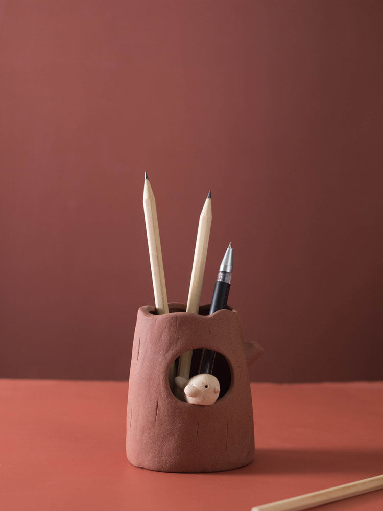 Tree Stump And Bird Pen Holder,Office Coarse Pottery Design