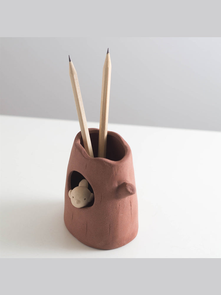 Tree Stump And Bird Pen Holder,Office Coarse Pottery Design