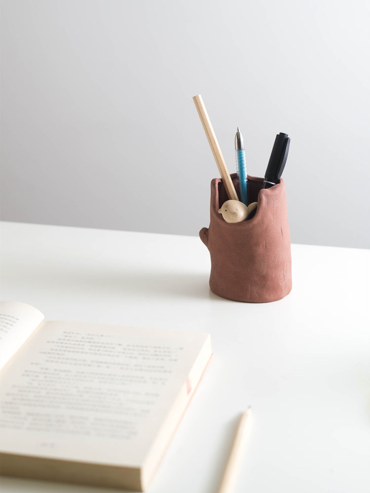 Tree Stump And Bird Pen Holder,Office Coarse Pottery Design