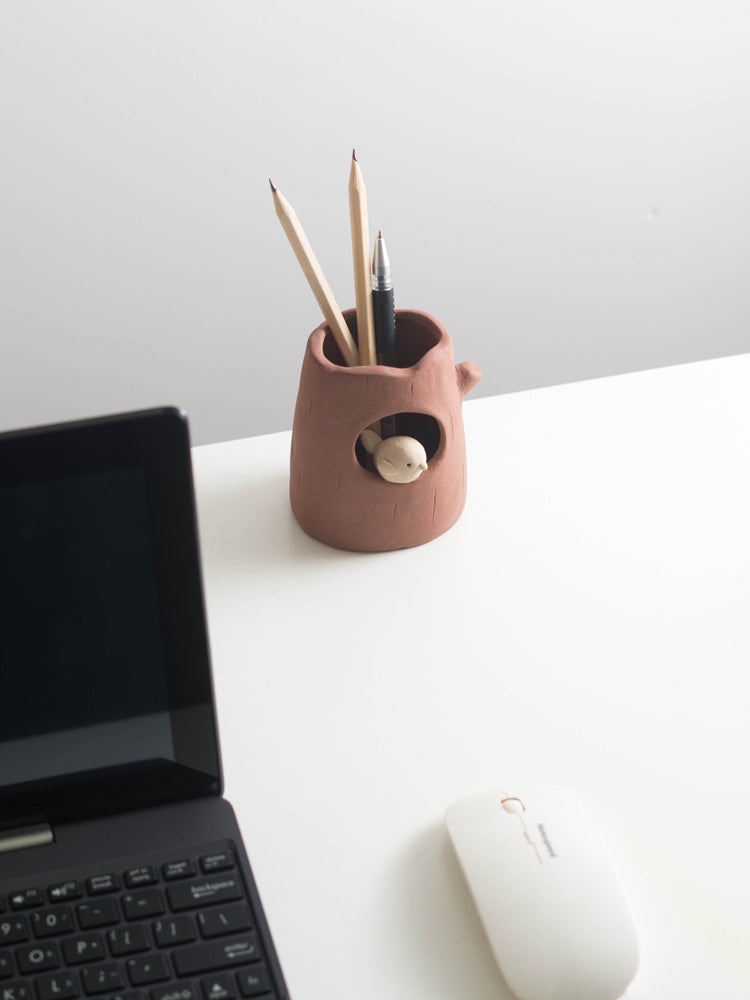 Tree Stump And Bird Pen Holder,Office Coarse Pottery Design