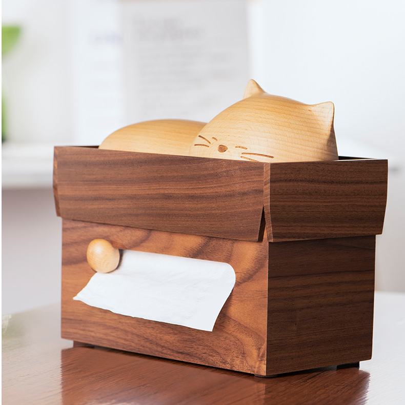 Unique Lazy Cat Wooden Tissue Box, Black Walnut Personalized Design