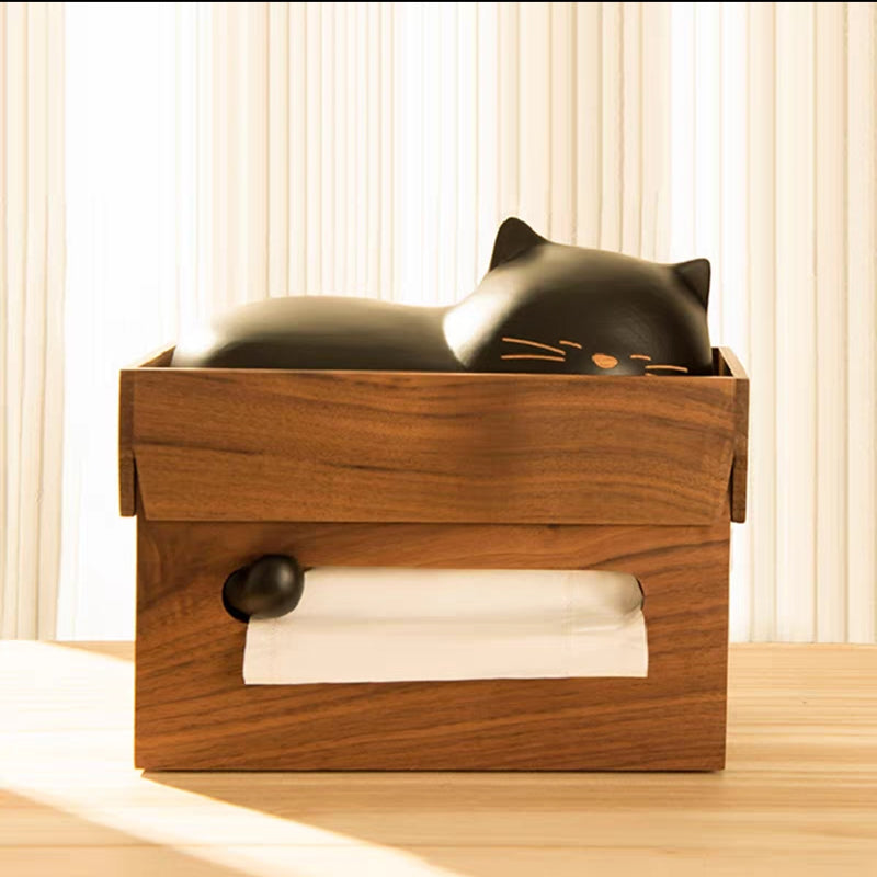 Unique Lazy Cat Wooden Tissue Box, Black Walnut Personalized Design