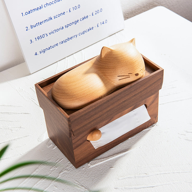 Unique Lazy Cat Wooden Tissue Box, Black Walnut Personalized Design