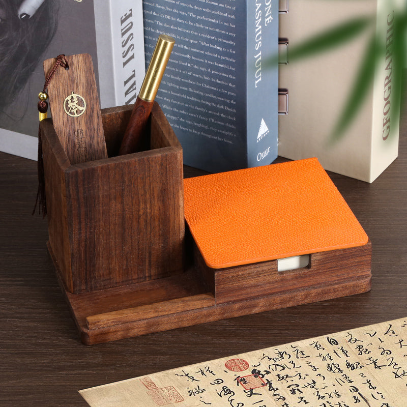 Vintage black walnut office pen holder, note paper box