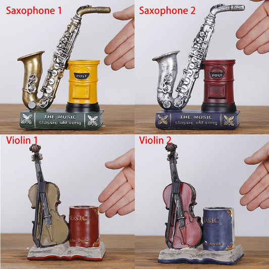 Vintage Saxophone and Violin Pen Holders: Unique Musical Desk Ornaments