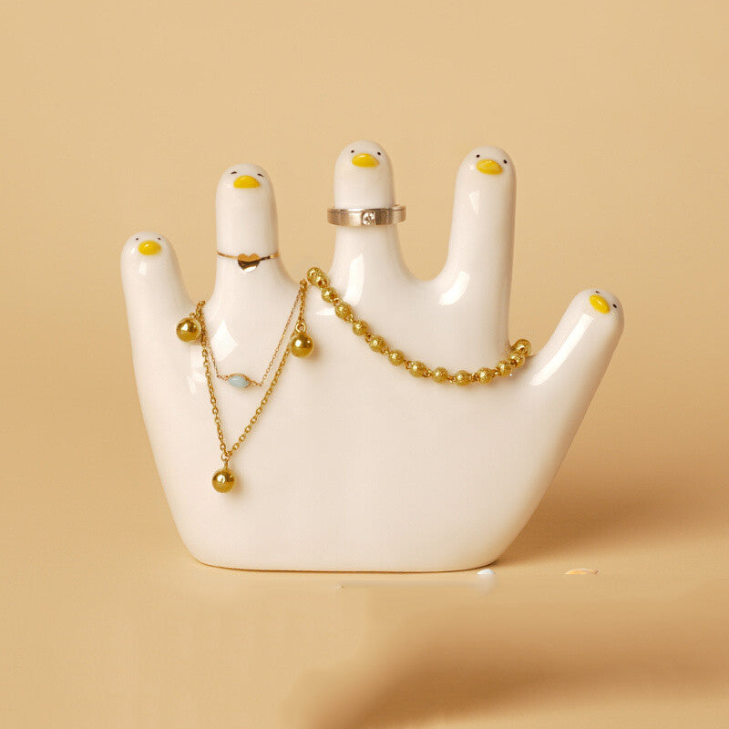 Whimsical Ceramic Hand Jewelry Holder: Duck Finger Design 2pc