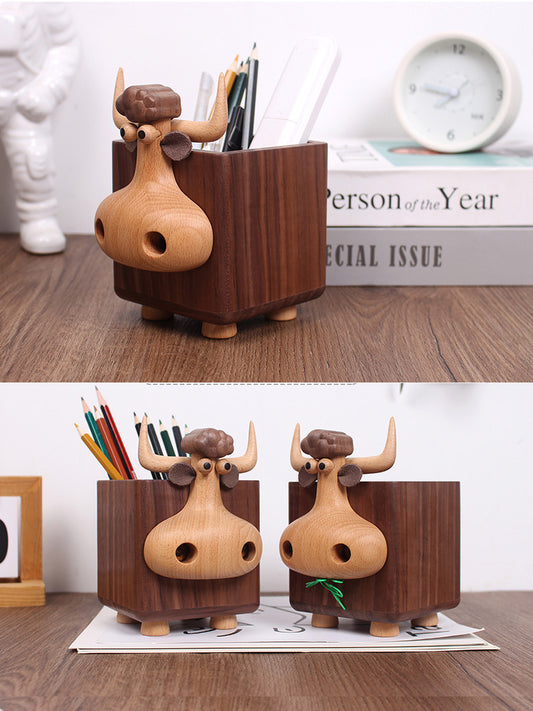 Whimsical Wooden Bull Pen Holder: Fun and Functional Desk Accessory