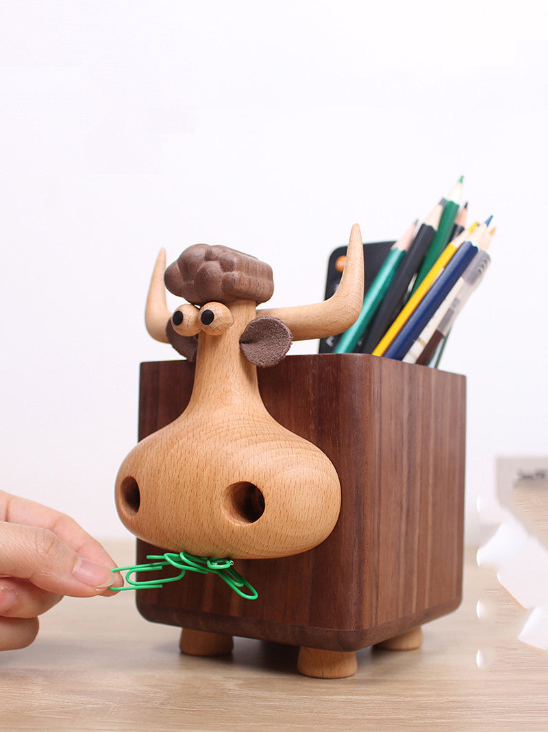 Whimsical Wooden Bull Pen Holder: Fun and Functional Desk Accessory