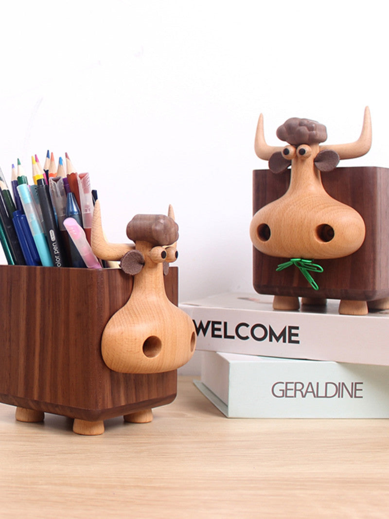 Whimsical Wooden Bull Pen Holder: Fun and Functional Desk Accessory