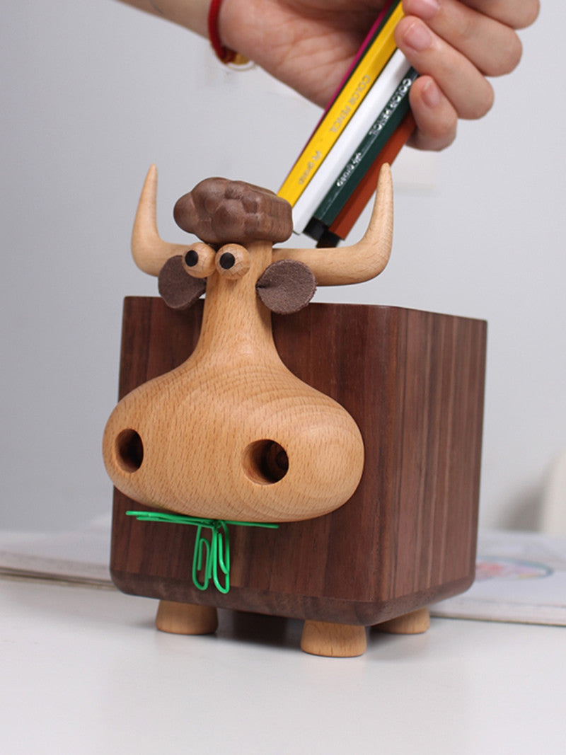 Whimsical Wooden Bull Pen Holder: Fun and Functional Desk Accessory