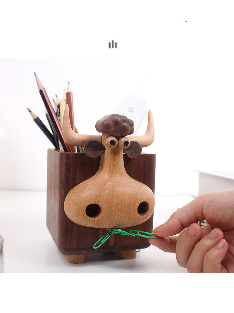 Whimsical Wooden Bull Pen Holder: Fun and Functional Desk Accessory