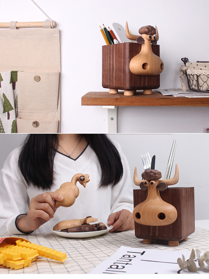 Whimsical Wooden Bull Pen Holder: Fun and Functional Desk Accessory