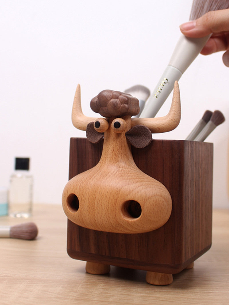 Whimsical Wooden Bull Pen Holder: Fun and Functional Desk Accessory