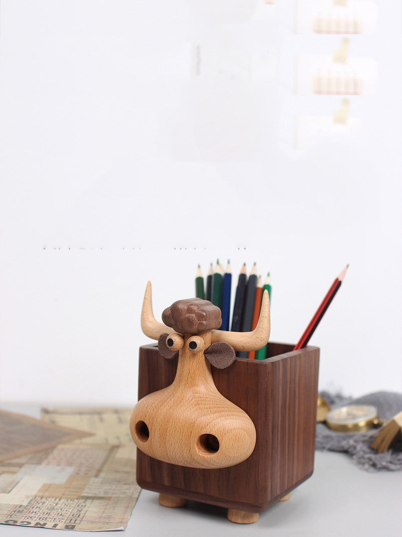 Whimsical Wooden Bull Pen Holder: Fun and Functional Desk Accessory