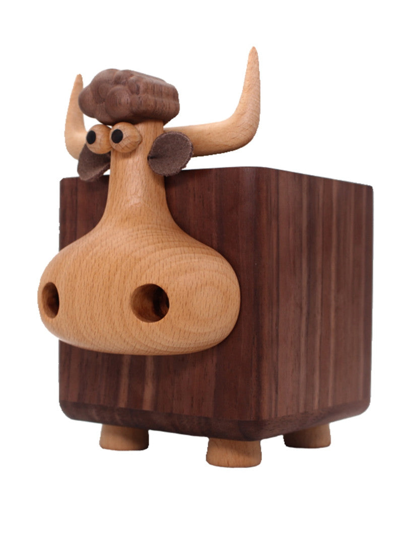 Whimsical Wooden Bull Pen Holder: Fun and Functional Desk Accessory